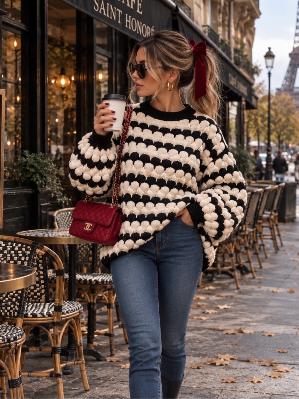 XXL Heavy Textured Black & Cream Knit Sweater | Oversized Fall Winter